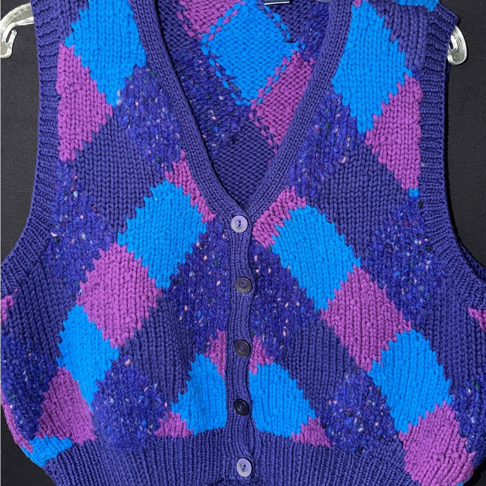 Vintage Lizsport Argyle Sweater Vest Purple Blue Knit Preppy Wool Blend Large